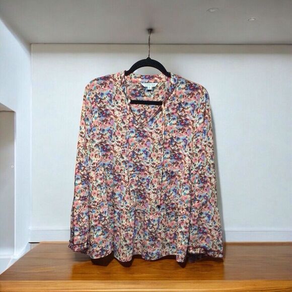 Ophelia Roe Peasant Top Women M Floral Flowy Ruffle Bell Sleeve Shirt Blouse - Picture 1 of 11